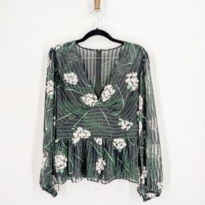BCBGMaxAzria Green and White Peplum Pleated Blouse